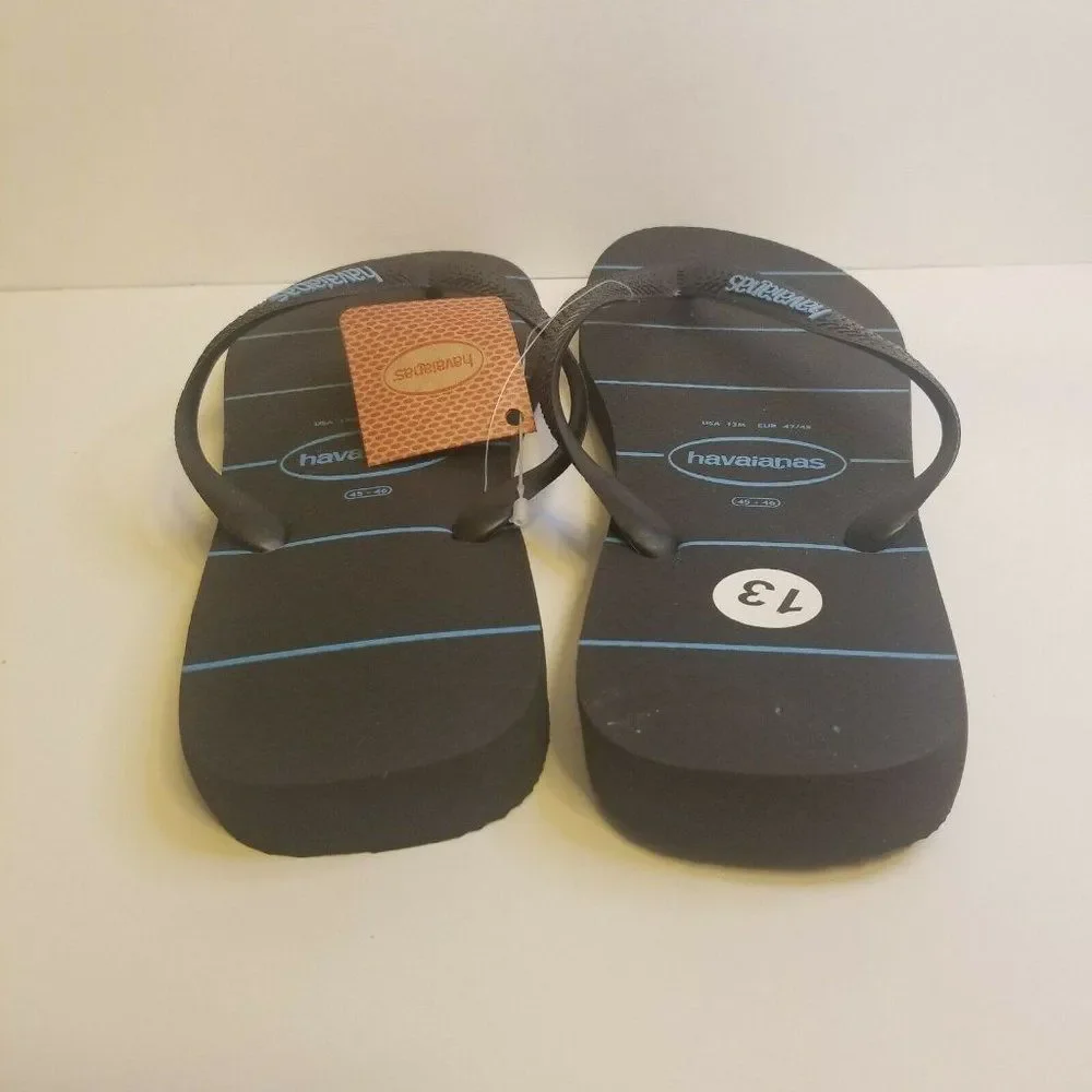 Havaianas Mens Size 13 Black Blue Striped Flip Flops New 4132585